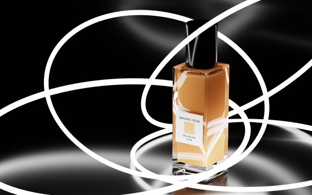 化妆品玻璃瓶的皮肤粉底标签和几何发光环模拟旗帜。遮瑕膏，化妆水或bb霜背景抽象圆形，广告化妆品奢侈品，3d插图图片下载