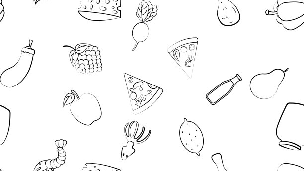 黑白无尽无缝图案的食品和零食项目图标设置为餐厅酒吧咖啡厅:虾，披萨，葡萄，萝卜，苏打水，茄子，鱿鱼，苹果，奶酪，柠檬。背景图片下载