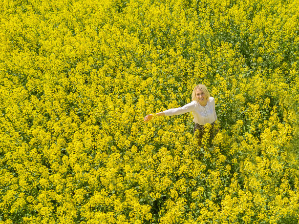 在春天的一个阳光明媚的日子里，从无人机上可以看到一个美丽的年轻快乐的金发女子，她穿着白色的衬衫和裙子站在一个盛开的油菜籽地里图片下载