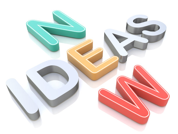 新想法，文字在白色的背景与彩色的字母为设计信息有关的交流和创新。三维演示图片下载