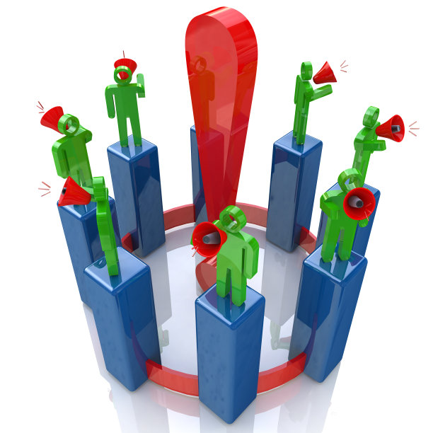 3D人用喇叭周围的感叹号来设计与人相关的信息和沟通。三维演示图片下载