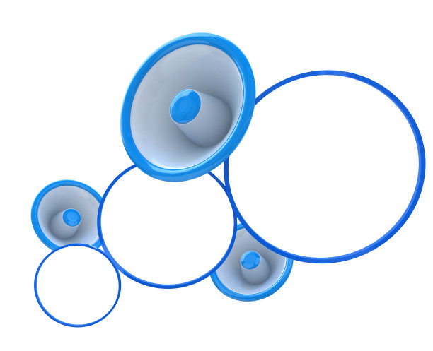 蓝色扩音器与白色空气泡-社会传播概念设计中的信息传播相关。三维演示图片下载