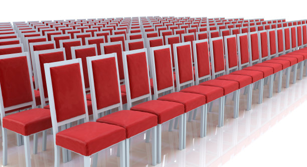 红椅子排成一排，设计与会议有关的信息。三维演示图片下载