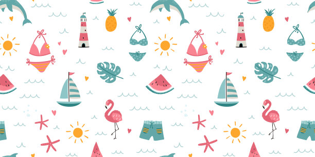 可爱的手绘沙滩无缝图案与比基尼和装饰，伟大的纺织品，时尚，横幅，壁纸，包装矢量设计图片下载
