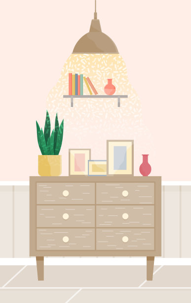 客厅家具。家居现代吊灯、书架、木五斗柜图片下载