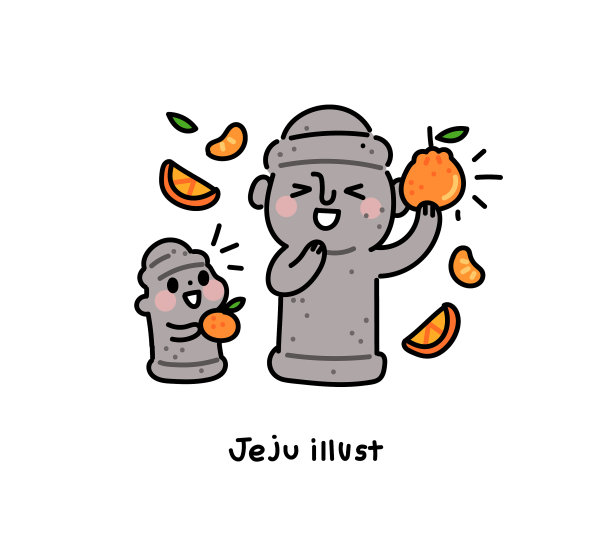 可爱的Dolhareubang(韩国济州岛的传统石像)拿着一个橘子。图片下载