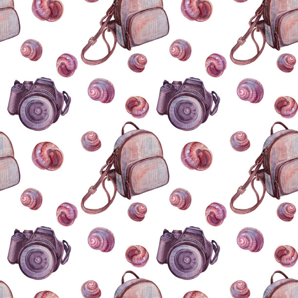无缝图案的夏日旅游水彩相机，双肩包，白色背景上的海贝壳。专业的爱好。手绘创意工具的摄影师，卡片，墙纸，速写簿，包装，纺织品图片下载