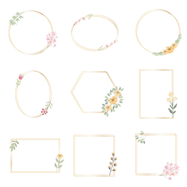 水彩植物手绘花环与小粉红色和黄色的金色花朵收集图片下载