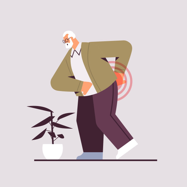 老年男性遭受背部疼痛的问题，老年概念疼痛发炎区域用红色突出图片下载