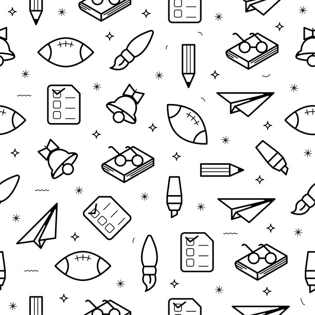 无缝图案元素手绘集合大学学校学习矢量设计风格背景年级教育学习书球平面钟铅笔插图图标图片下载