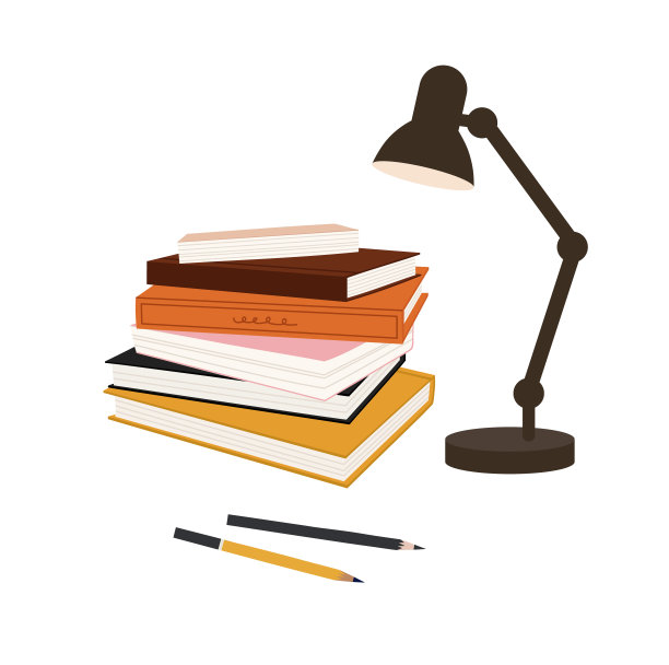 矢量插图的书堆，灯和铅笔，孤立在白色。图片下载