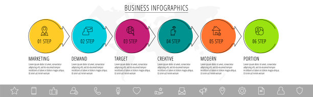 矢量信息图或时间轴六个圆圈卡由箭头连接。经营理念的6个步骤。设计模板的图表，网页，横幅，工作流布局，流程图图片下载