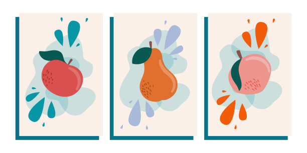时尚抽象海报与水果的静物生活。当代艺术收藏。抽象的几何元素，社交网络的形状有苹果，梨和桃子图片下载