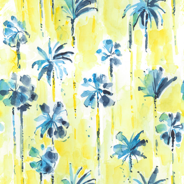 水彩无缝热带手绘图案与棕榈树。夏季抽象外来程式化植物黄色背景。明亮的模式植物图片下载