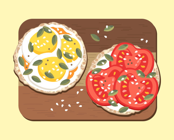 一个三明治。无麸米面包，蔬菜，鸡蛋和种子。健康的早餐。在一块木板上。平面向量插图。图片下载