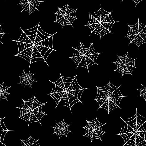 黑色背景上的蜘蛛网。无缝模式。插图是用曲线手绘的。万圣节的概念。图片下载