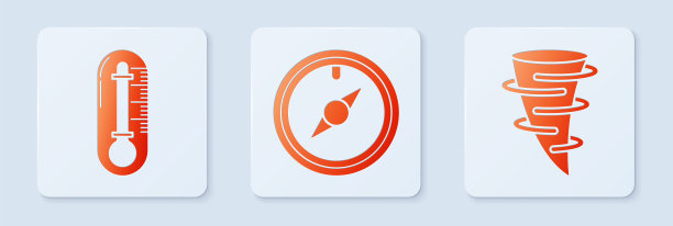 设上升风、温度计及龙卷风。白色正方形按钮。向量图片下载