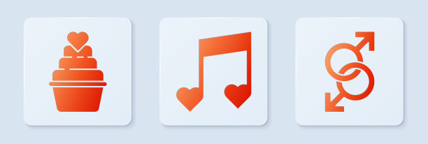 设音符，以心为基调，婚礼蛋糕以心和男性性别象征。白色正方形按钮。向量图片下载