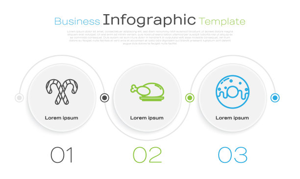 设置线圣诞糖果甘蔗条纹，烤火鸡或鸡肉和甜釉甜甜圈。业务信息模板。向量图片下载