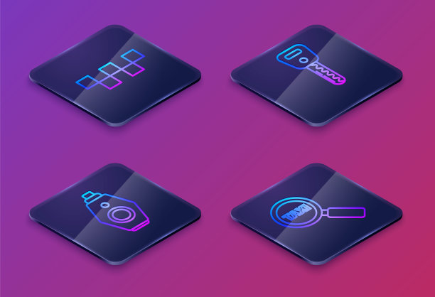 设置出租车车顶等距线，车钥匙带遥控器，车钥匙和放大镜和出租车。蓝色方块按钮。向量图片下载