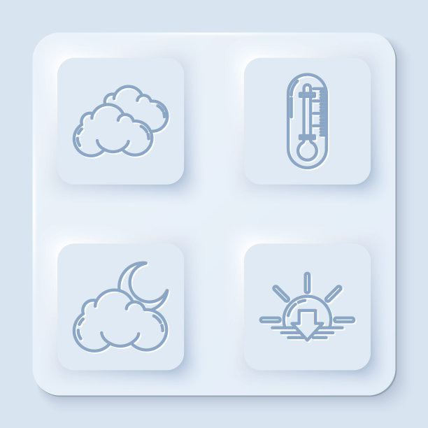 设置线云，温度计，云与月亮和星星和日落。白色正方形按钮。向量图片下载