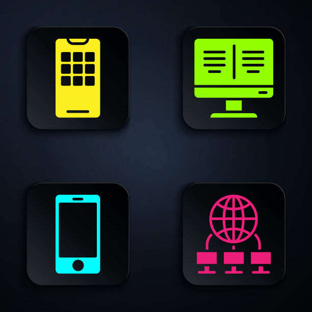 设置电脑网络、手机、手机、在线图书监控。黑色方形按钮。向量图片下载