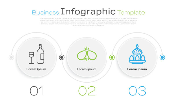 摆列葡萄酒瓶和玻璃，复活节彩蛋和复活节蛋糕和鸡蛋。业务信息模板。向量图片下载