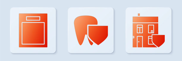 让牙齿与盾牌，空形态和房屋与盾牌。白色正方形按钮。向量图片下载