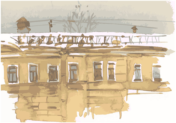 矢量图像的水彩城市景观与旧公寓在冬天下雪的一天图片下载