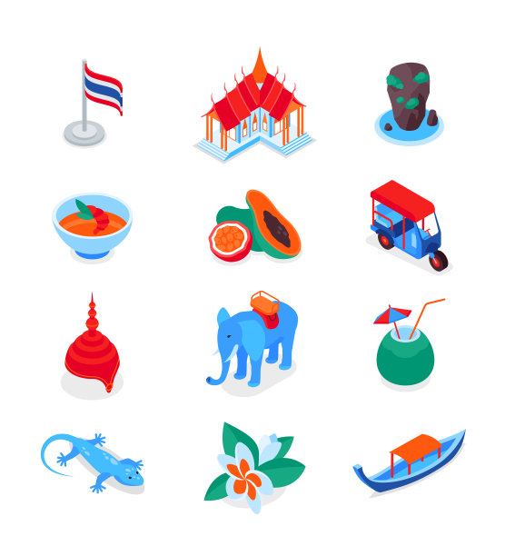 泰国符号-现代彩色等距图标集图片下载