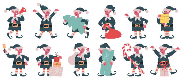 圣诞精灵的角色。圣诞老人小帮手，可爱的圣诞精灵吉祥物矢量插画集。卡通圣诞老人助手让人变矮图片下载