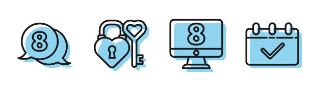 设置行8三月在监视器，8三月在语音气泡，城堡和钥匙在心脏形状和日历8三月图标。向量图片下载
