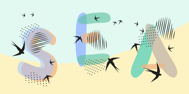 夏天的旗帜。海岸，沙，鸟，字母的海。手绘的信件。点,点中风。矢量插图的柔和的颜色。图片下载