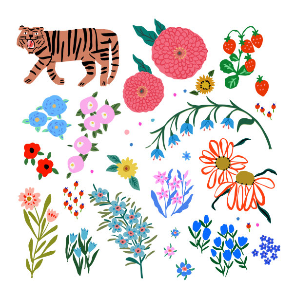 复古的彩色可爱的花朵，草莓和老虎手绘插图图形资源收集集植物绘图图标图片下载