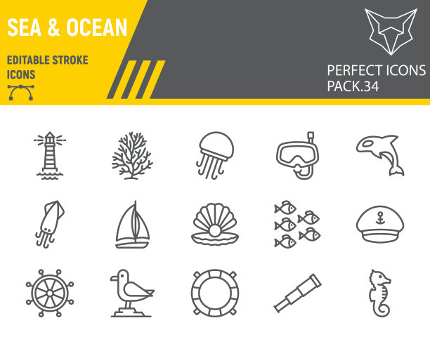 海洋和海洋线图标设置海洋动物图片下载