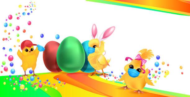 可爱的小鸡在医用面具和装饰蛋图片下载