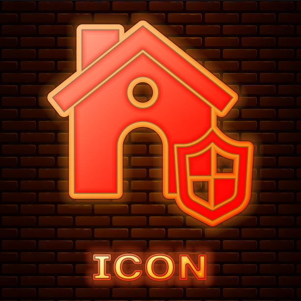 发光的霓虹灯房子与盾牌图标隔离图片下载