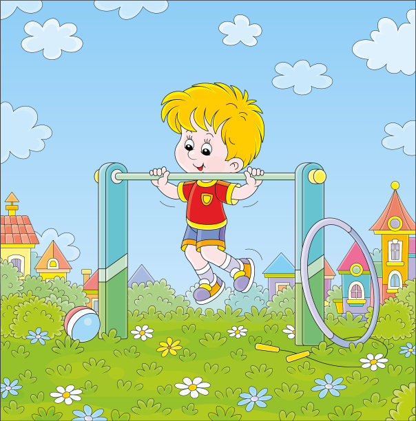 一个小男孩爬上了运动酒吧图片下载