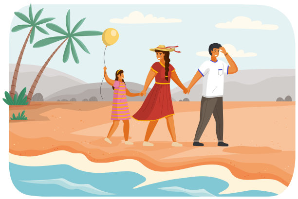 父母和孩子在海边的沙滩上行走图片下载