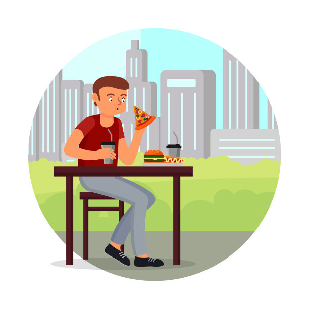 饥饿的人吃着披萨，热狗，汉堡图片下载