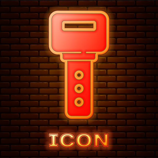 发光的霓虹灯房子钥匙图标孤立在砖墙上图片下载