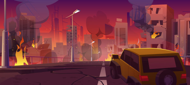 汽车在城市街道上的废墟和火灾图片下载