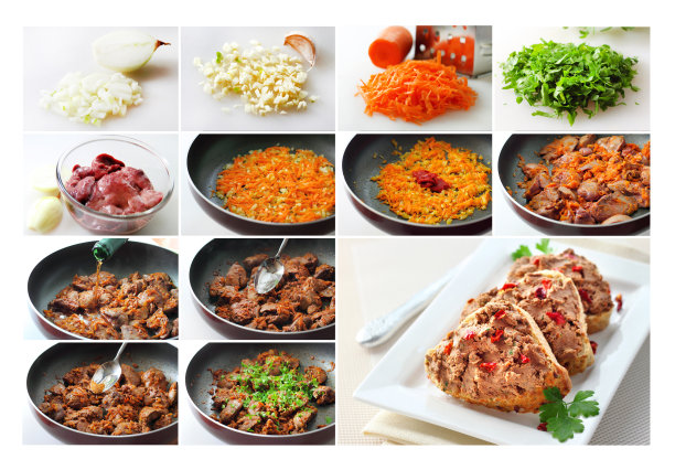 拼贴烹饪鸡肝酱的阶段图片下载