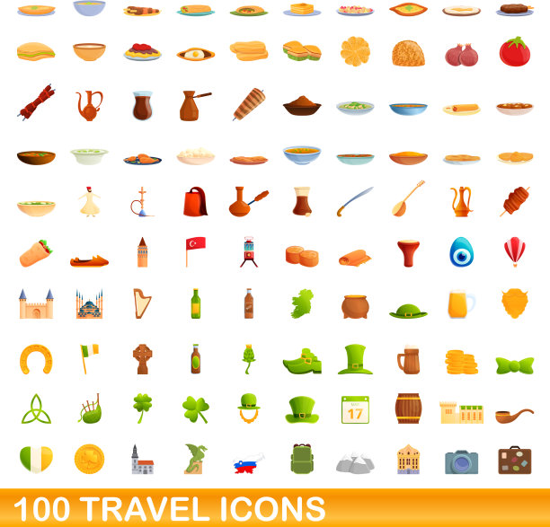100旅行图标设置卡通风格图片下载