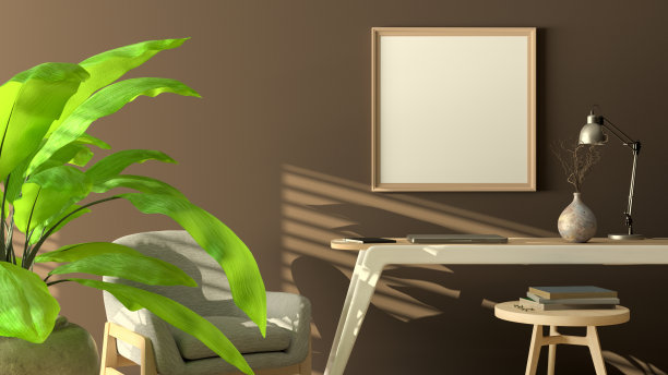 方形的海报框架模型在棕色的墙上图片下载