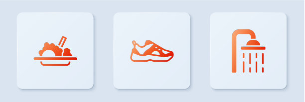 设置运动运动鞋，健康食品和淋浴喷头图片下载