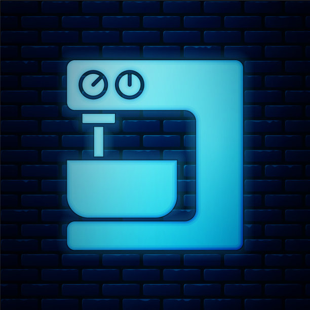 发光的霓虹灯电动混合器图标隔离在砖块上图片下载