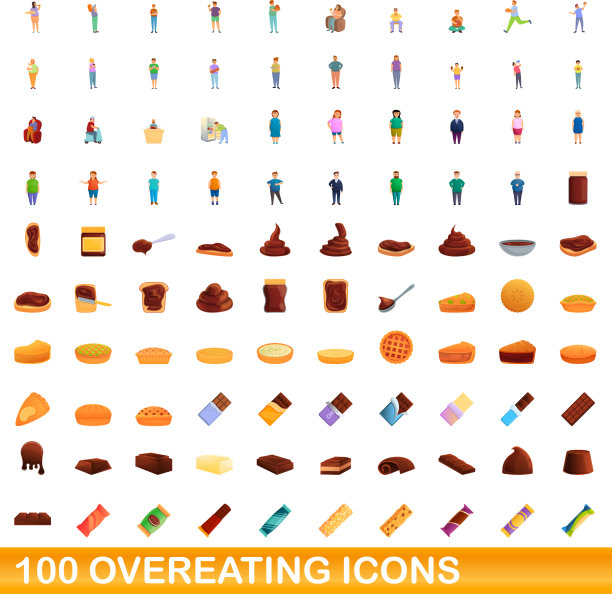100个暴饮暴食的图标设置卡通风格图片下载