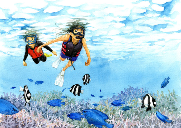 两个孩子在享受浮潜图片下载