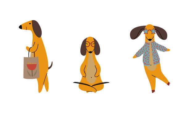 漫画棕色腊肠狗与手提包散步和坐在瑜伽姿势向量集图片下载